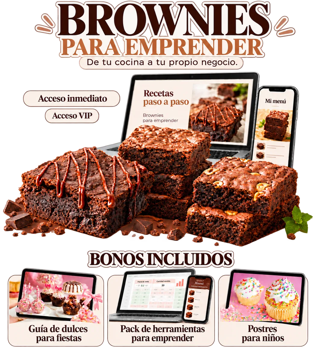Brownies para emprender: brownies, materiales digitales en celular y computadora, acceso inmediato, acceso VIP y tres bonos incluidos